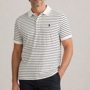 Polo Ralph Lauren Mens Striped Cotton Pique Polo Shirt Brown Cream Large